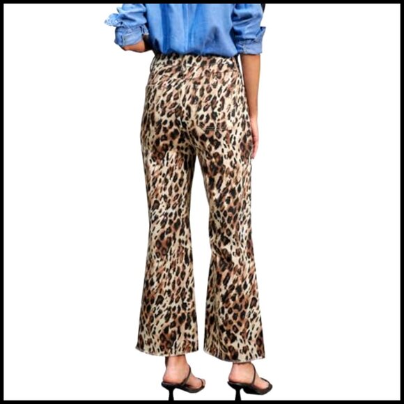 Animal Print Wide Leg High Waisted Jeans Tummy Control Cropped Raw Hem - Picture 4 of 7